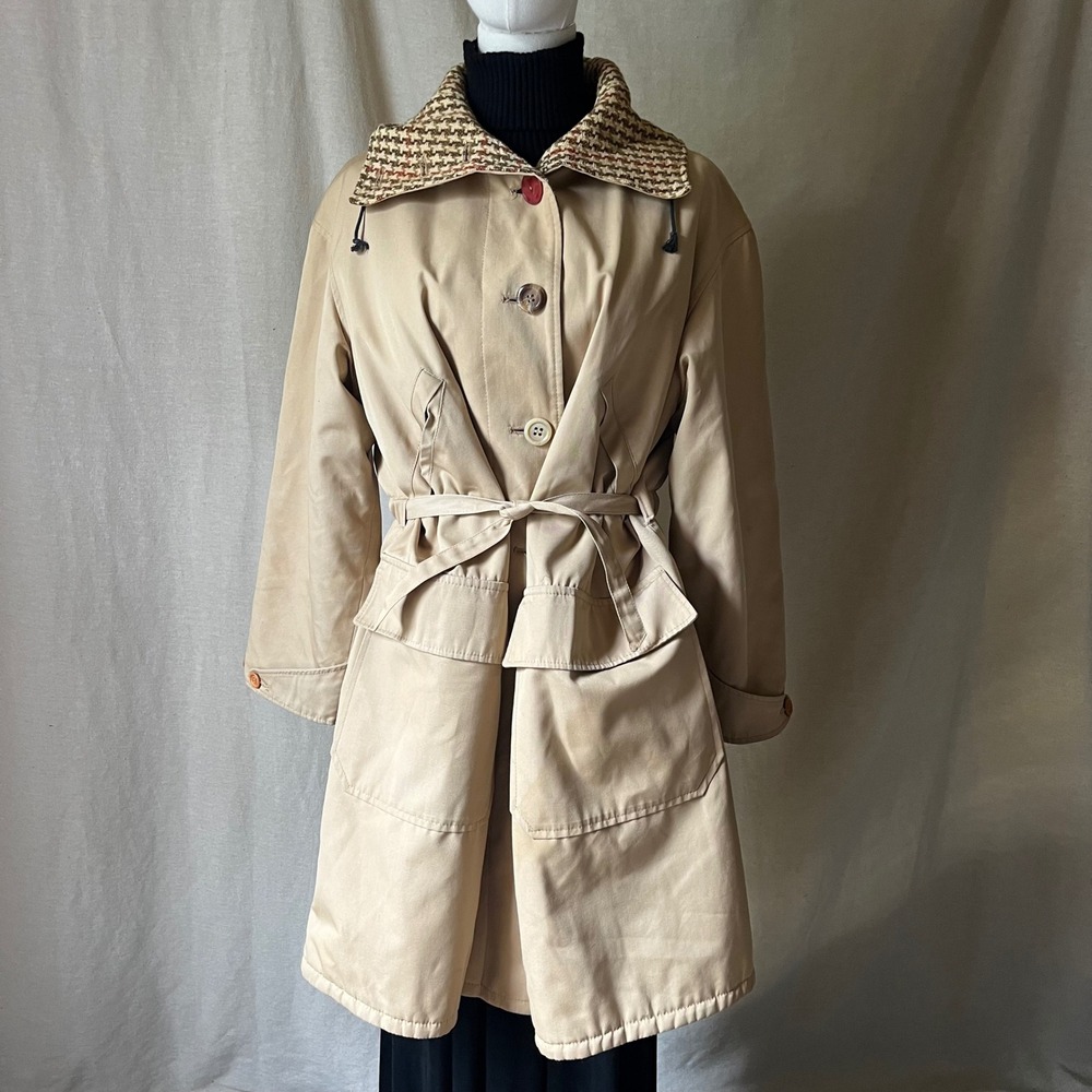 Vintage Hettemarks Sweden Women's Beige Hooded Coat Houndstooth Lined Belted M L